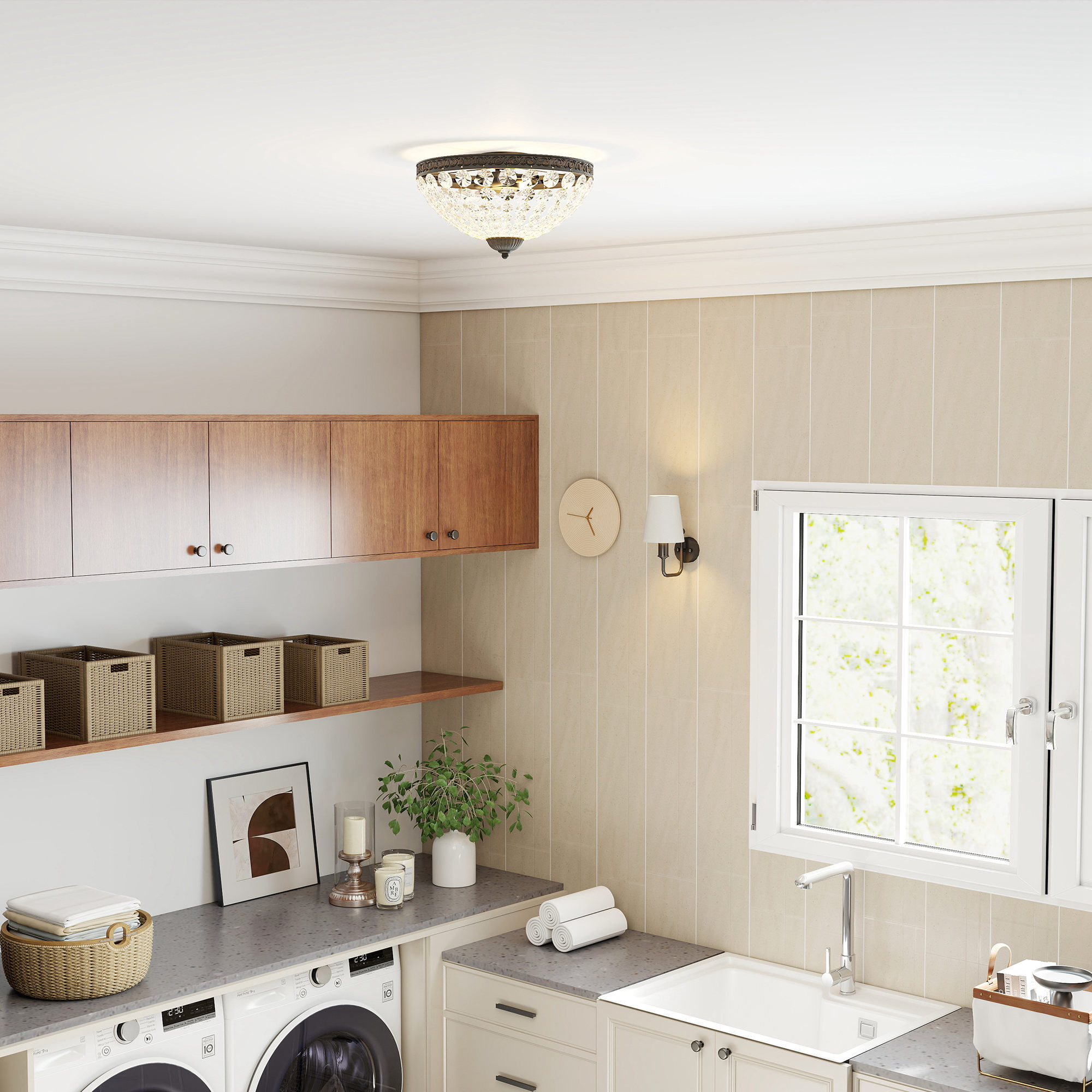 Lámpara de Techo de Cristal Clásica con 2 Casquillos E14, 40W, Plafón de Techo Vintage con 168 Cuentas de Cristal para Dormitorio, Salón, Cocina y Comedor, Negro