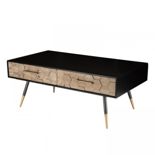 DALIE - Table basse noire rectangulaire 2 tiroirs scandi bois sapin marqueté pieds métal doré