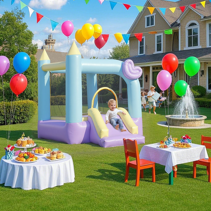 Castillo Hinchable con Soplador Castillo Inflable para Niños de 3-8 Años con Tobogán Área de Salto y Bolsa de Transporte para Interior y Exterior Multicolor