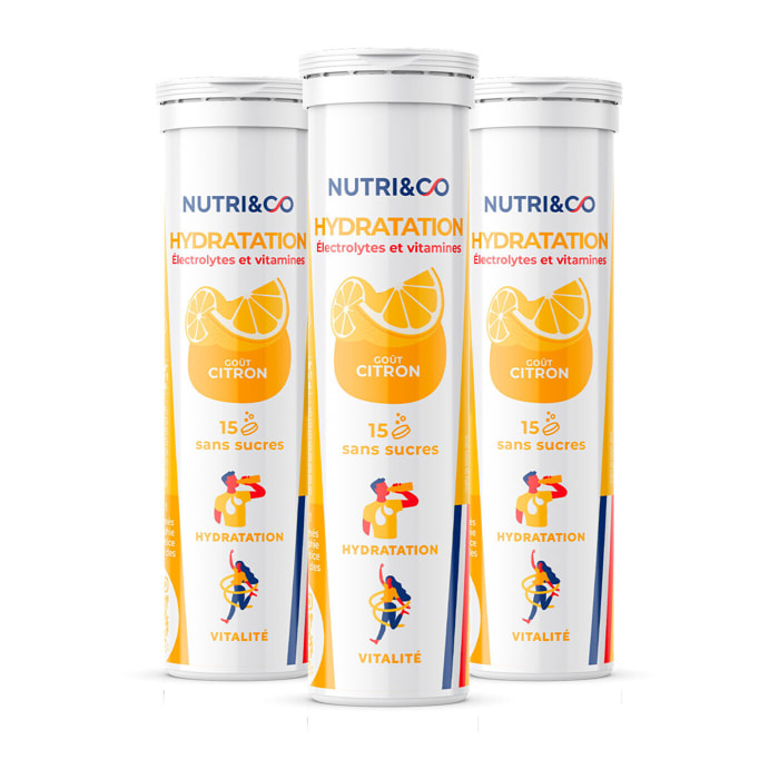 Nutri&Co Électrolytes Hydratation - 5 Minéraux 4 Vitamines - Goût Citron - Lot de 3 tubes - 45 comprimés