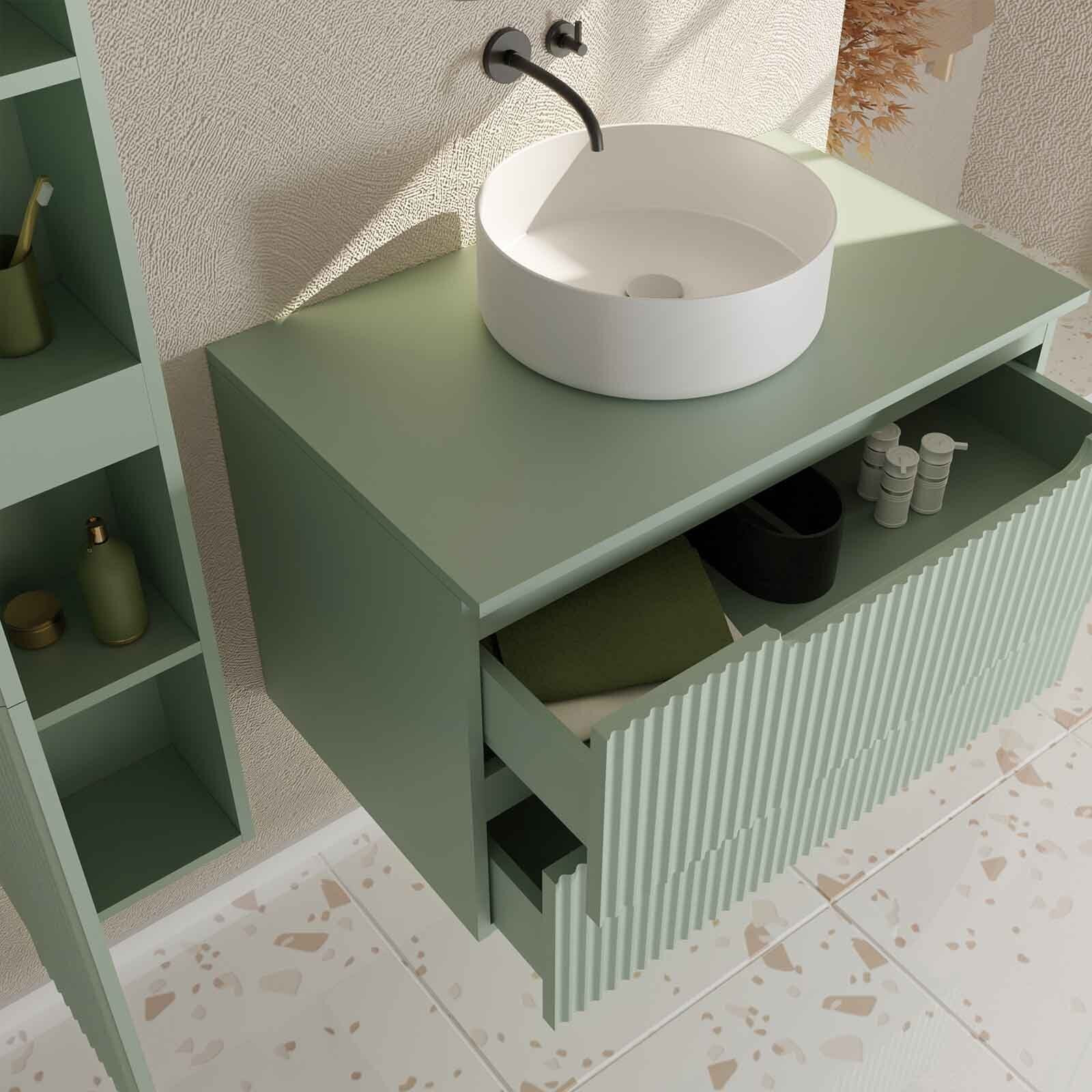 Meuble et colonne de Salle de Bains LEON 80cm Vert Olive - Façades Ondulées - Vasque Ronde 36cm