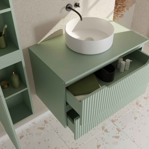Meuble et colonne de Salle de Bains LEON 80cm Vert Olive - Façades Ondulées - Vasque Ronde 36cm