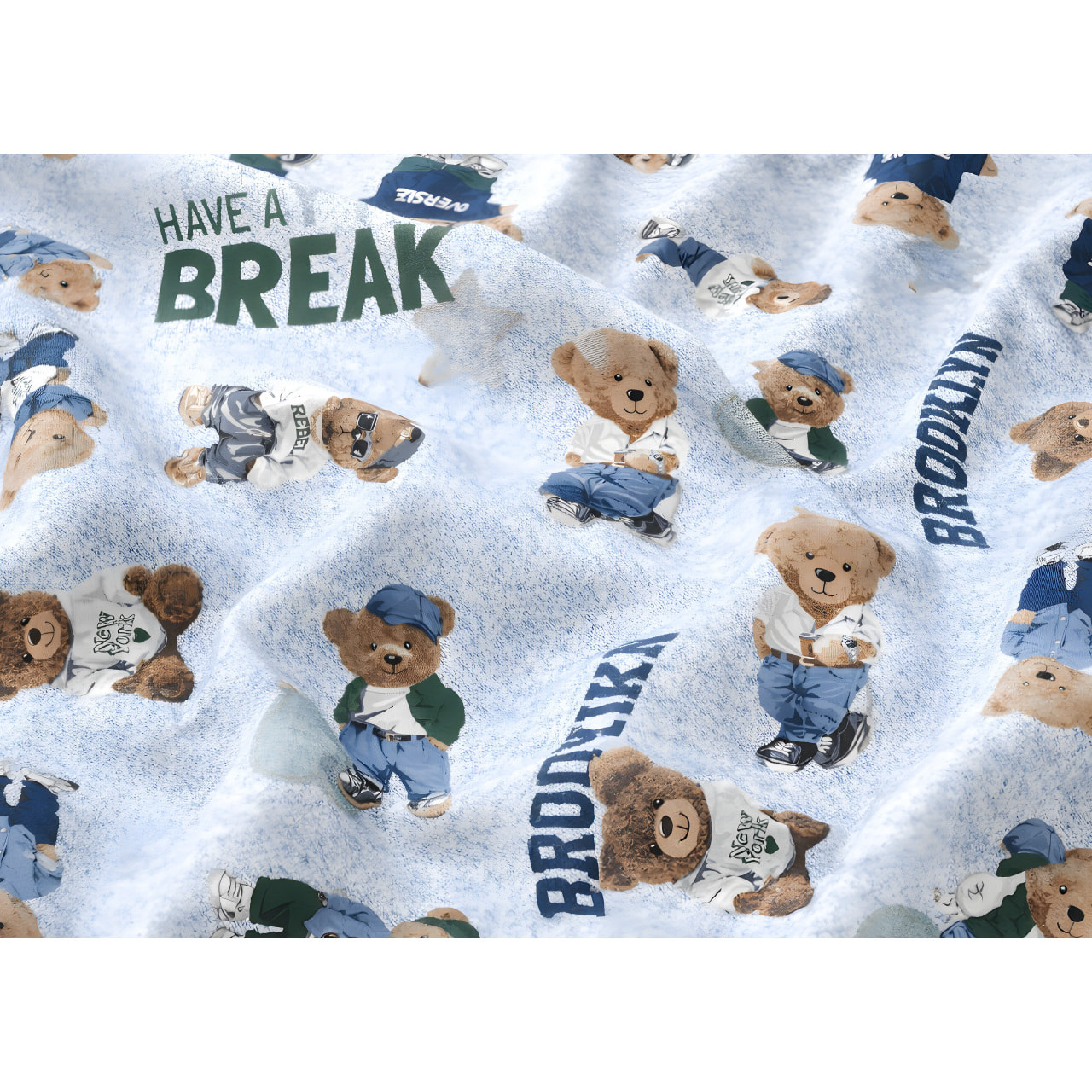 Parure Copripiumino 100% Cotone Made In Italy Fantasia Divertente Disegno Teddy Azzurro
