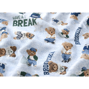 Parure Copripiumino 100% Cotone Made In Italy Fantasia Divertente Disegno Teddy Azzurro