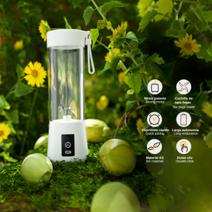 Batidora portátil A6 de 450 ml con 6 cuchillas de acero inoxidable y motor de 150W. Compacta, con batería recargable de 4000 mAh y fácil de transportar.