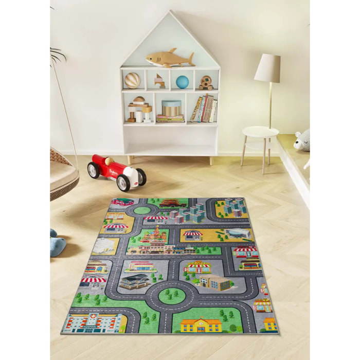 CANDY Alfombra infantil lavable con carreteras multicolor, 120x170 cm