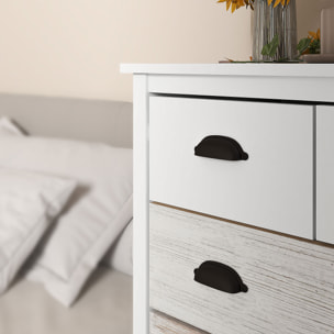 Commode 5 tiroirs style  shabby chic - poignées coquille métal noir - 70 x 38 x 85 cm - blanc effet bois