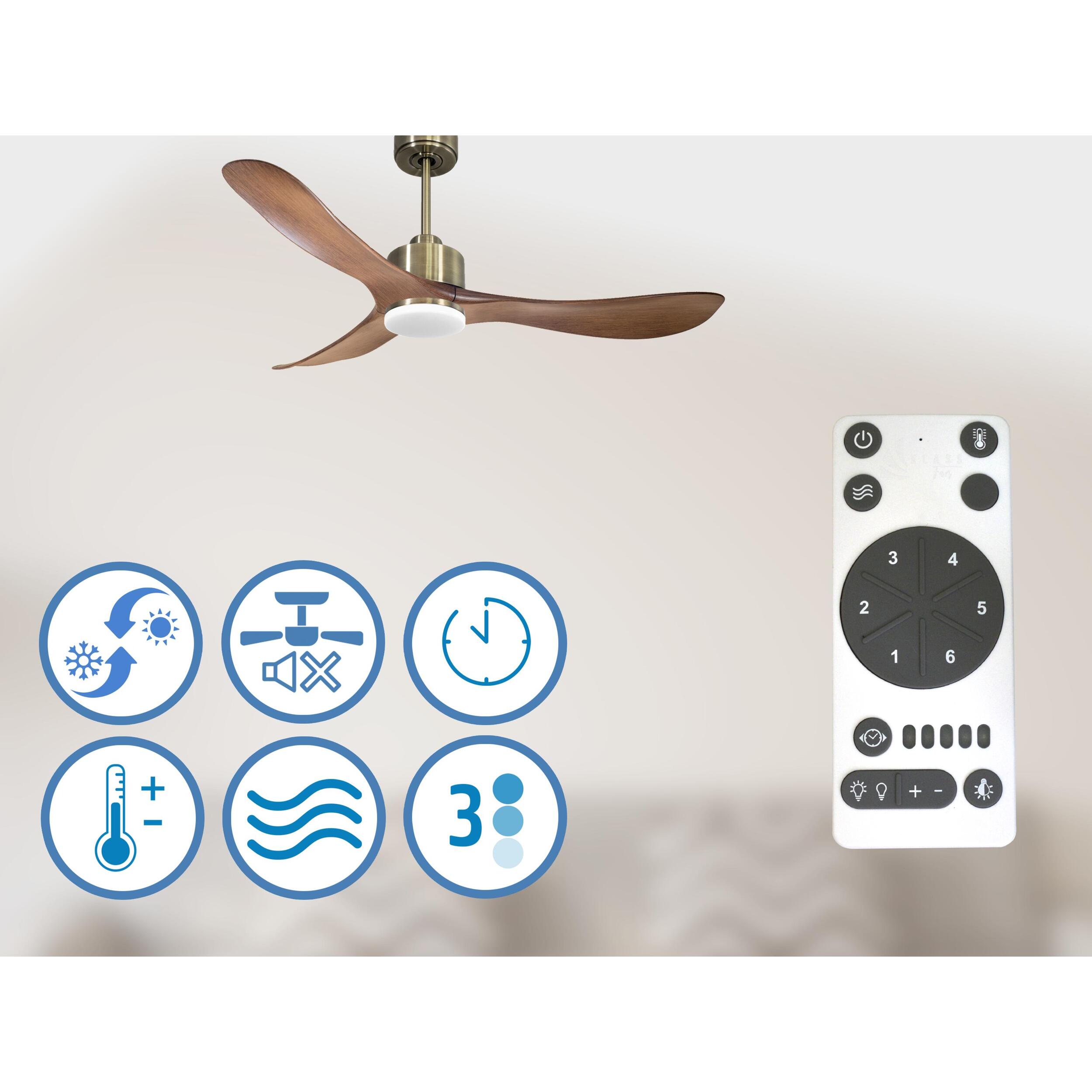 Ventilateur de plafond Réversible  Thermostat Dimmable Wifi Moteur à courant continu Toits en pente Télécommande Lumière à trois tons Hypersilence Mémoire