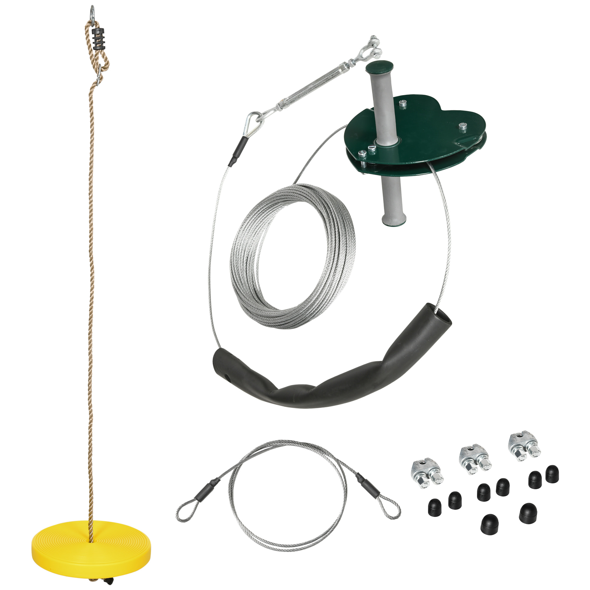 Kit complet tyrolienne 25 m - câble épais, poulie, poignées antidérapantes, assise PE - accessoires inclus