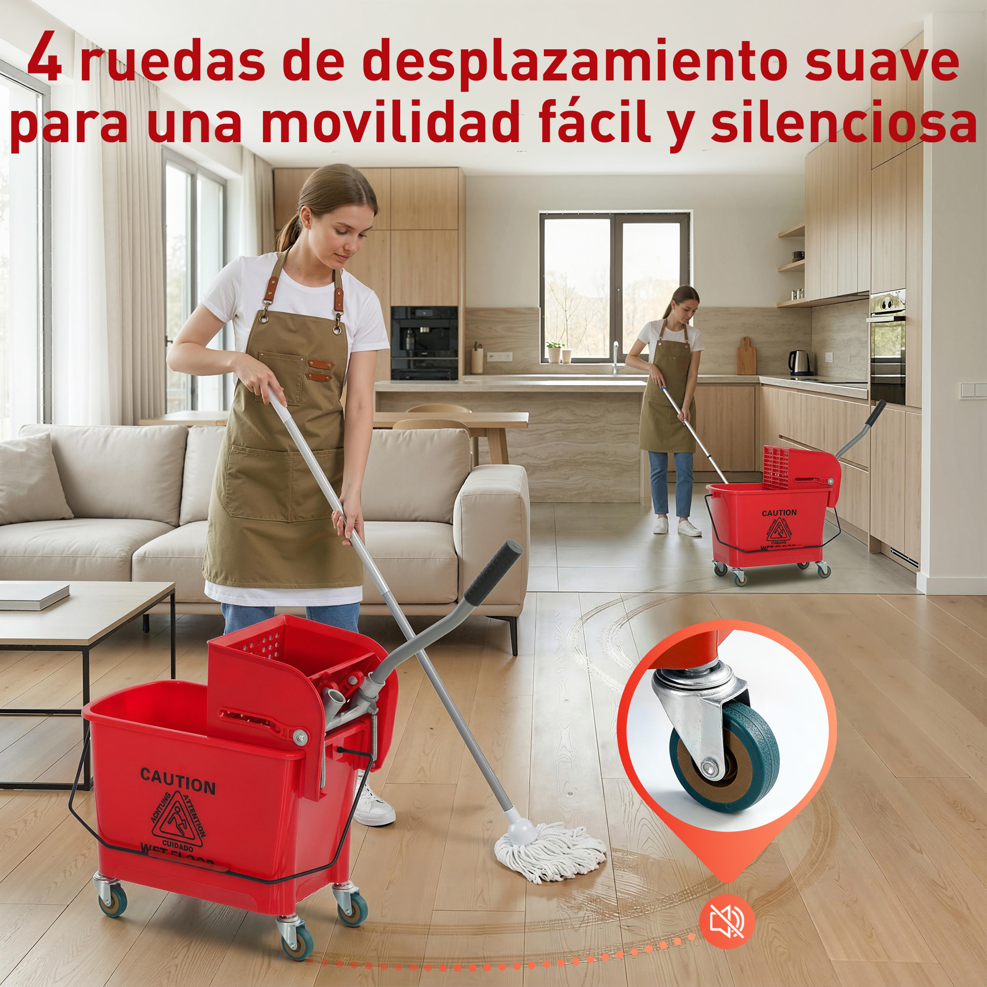 Cubo de Fregona con Ruedas Capacidad de 20 L Cubo de Fregar con Sistema de Escurridor Mopa y Asa de Transporte para Doméstico y Comercial Rojo
