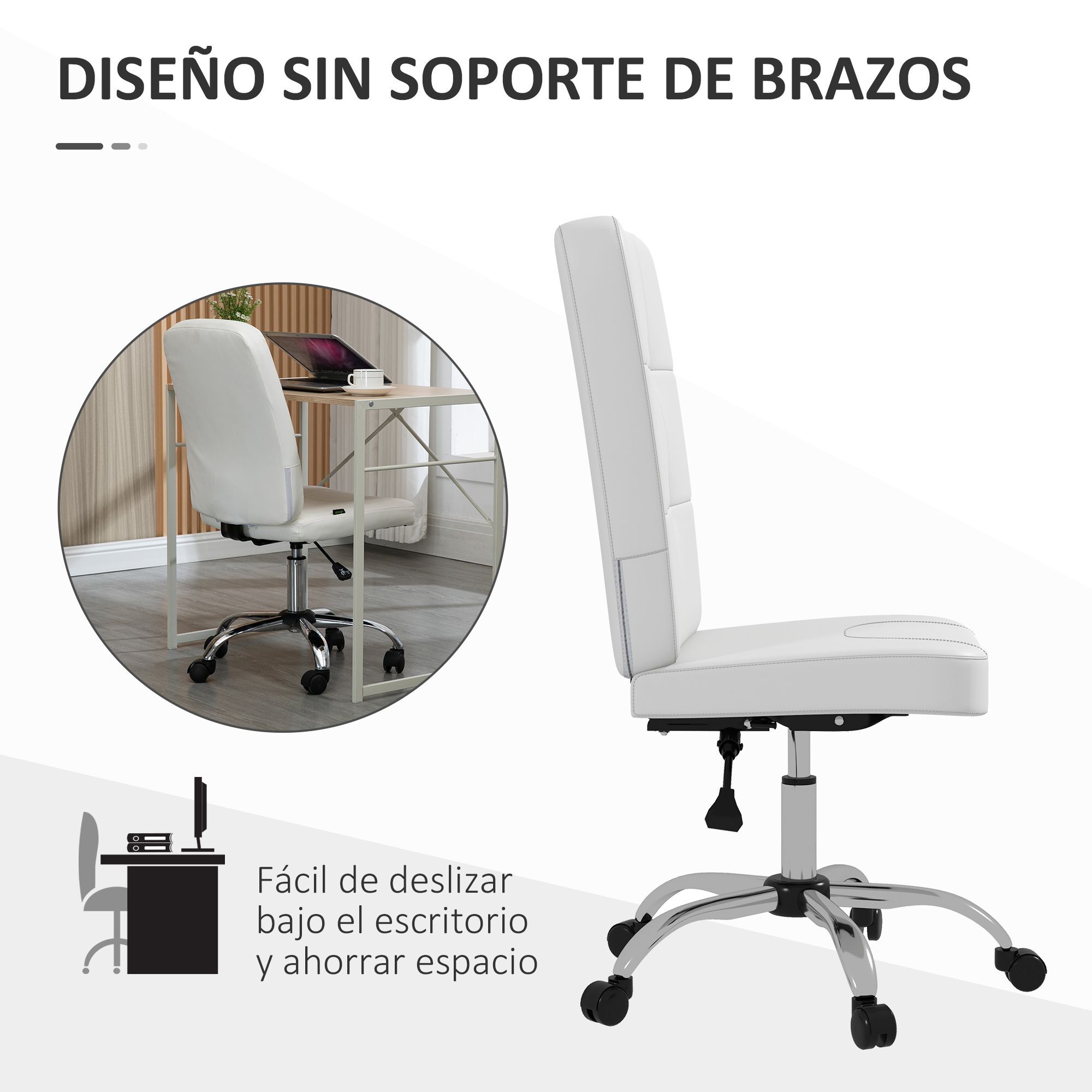 Silla de Oficina sin Brazos Silla de Escritorio Giratorio de Piel Sintética con Altura Ajustable Estilo Moderno Carga 120 kg 45x59x90-100 cm Blanco