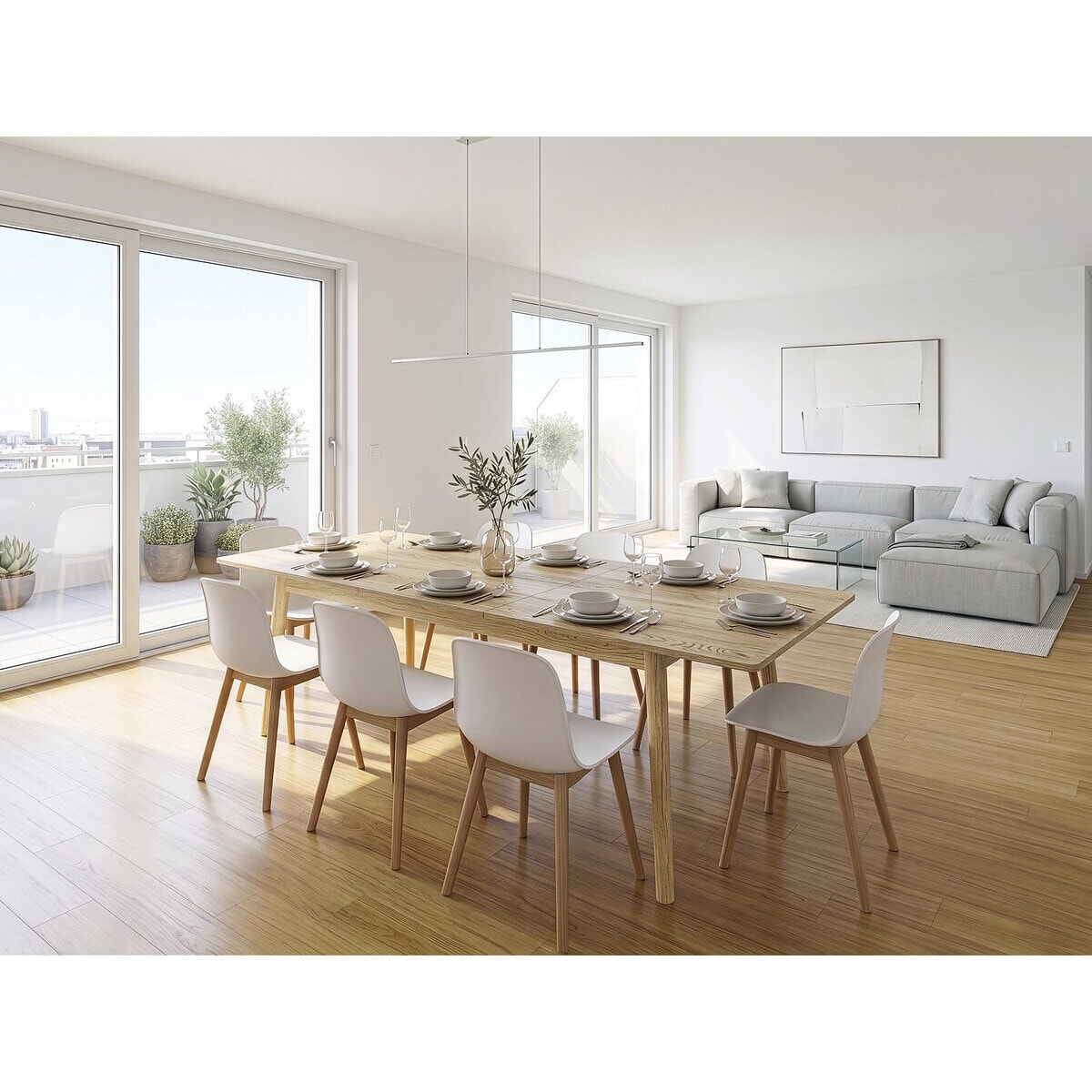 Table repas extensible en bois 160/210 cm "Prisma" - 8 places - Beige