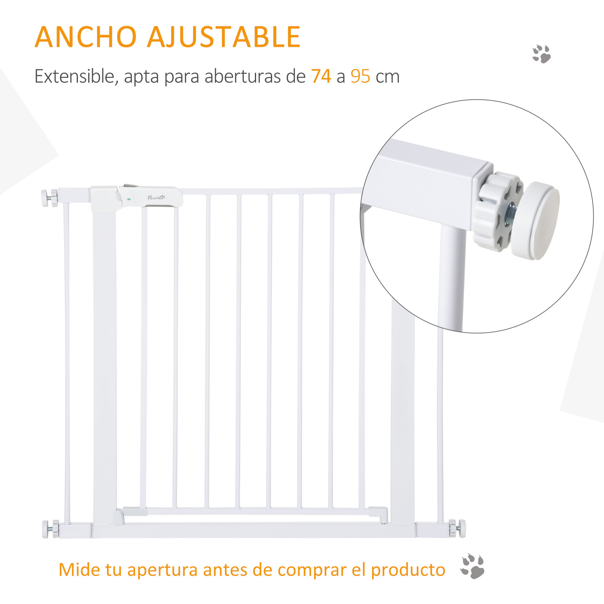 Barrera de Seguridad de Perros Extensible para Escaleras y Puertas 75-96 cm con 2 Extensiones de 7 cm Cierre Automático y Marco de Acero Altura 76 cm Blanco