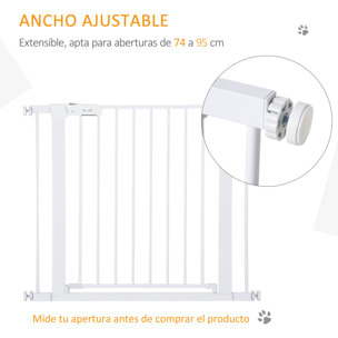 Barrera de Seguridad de Perros Extensible para Escaleras y Puertas 75-96 cm con 2 Extensiones de 7 cm Cierre Automático y Marco de Acero Altura 76 cm Blanco