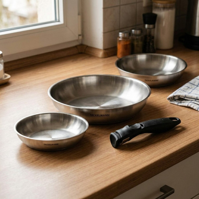Lot de 3 poêles en inox 20 24 et 28 cm avec manche amovible Fackelmann InoGrip