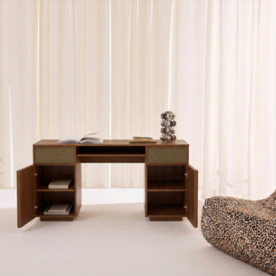Bureau décor bois et tissu 2 portes 2 tiroirs 1 niche 140cm KUBA