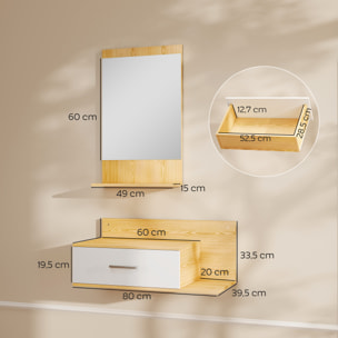 Conjunto de Recibidor de Entrada de Pared con Espejo, Cajón y 2 Estantes Abiertos, Muebles Recibidor para Pasillo, Madera Natural