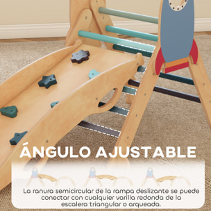 8 en 1 Triángulo de Escalada Montessori, Estructura de Escalada de Madera, Tema de Cohetes, con Arco y Rampa para Deslizarse o Escalar, para Niños de 18-48 Meses, Interiores, Azul