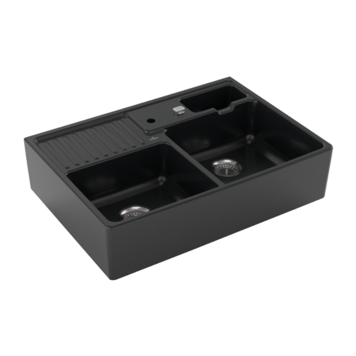 Evier 2 bacs timbre office Tradition Pure Black CeramicPlus avec vidage automatique