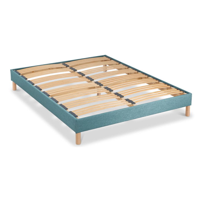 Sommier Lumière Technologie Tri-Lattes, tissu vert d’eau, Bois Épicéa, H30 cm, Lattes Actives, Aération Optimale