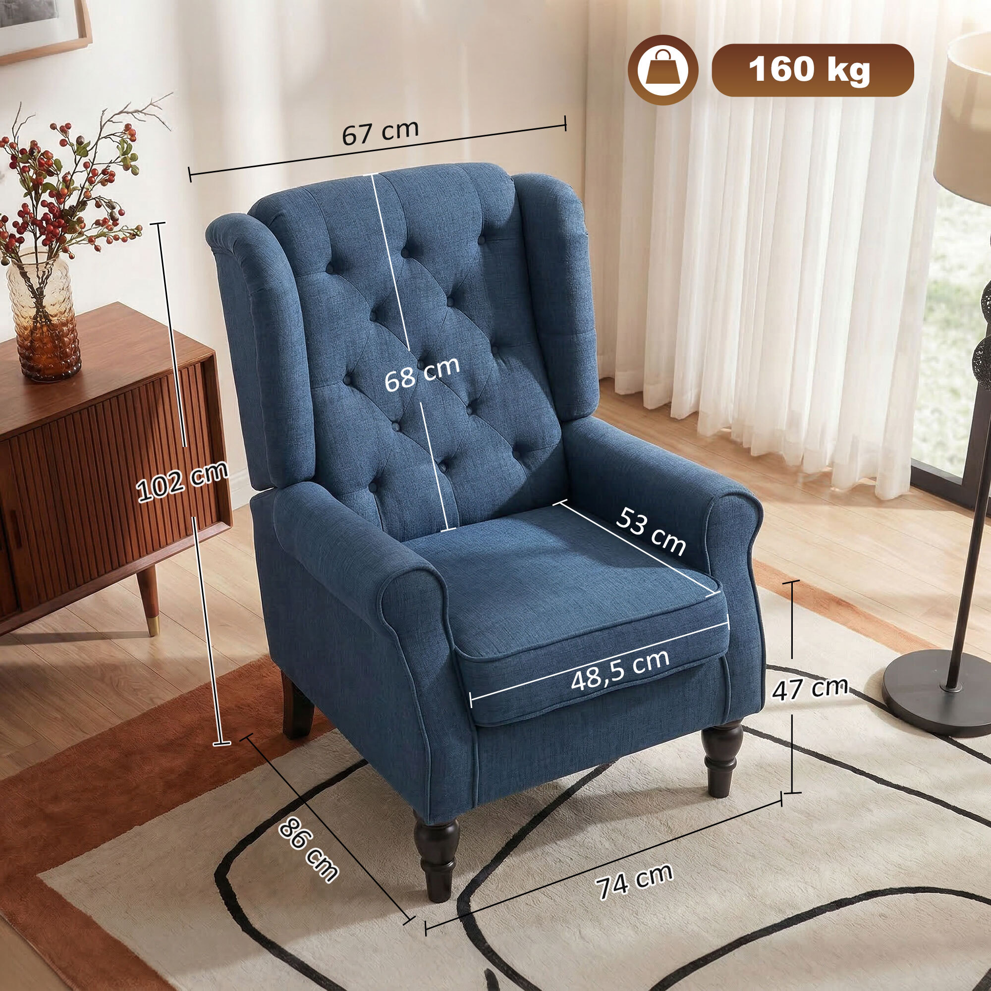 Fauteuil à oreilles style Chesterfield dossier capitonné grand confort bois noir tissu bleu