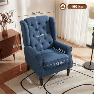 Fauteuil à oreilles style Chesterfield dossier capitonné grand confort bois noir tissu bleu