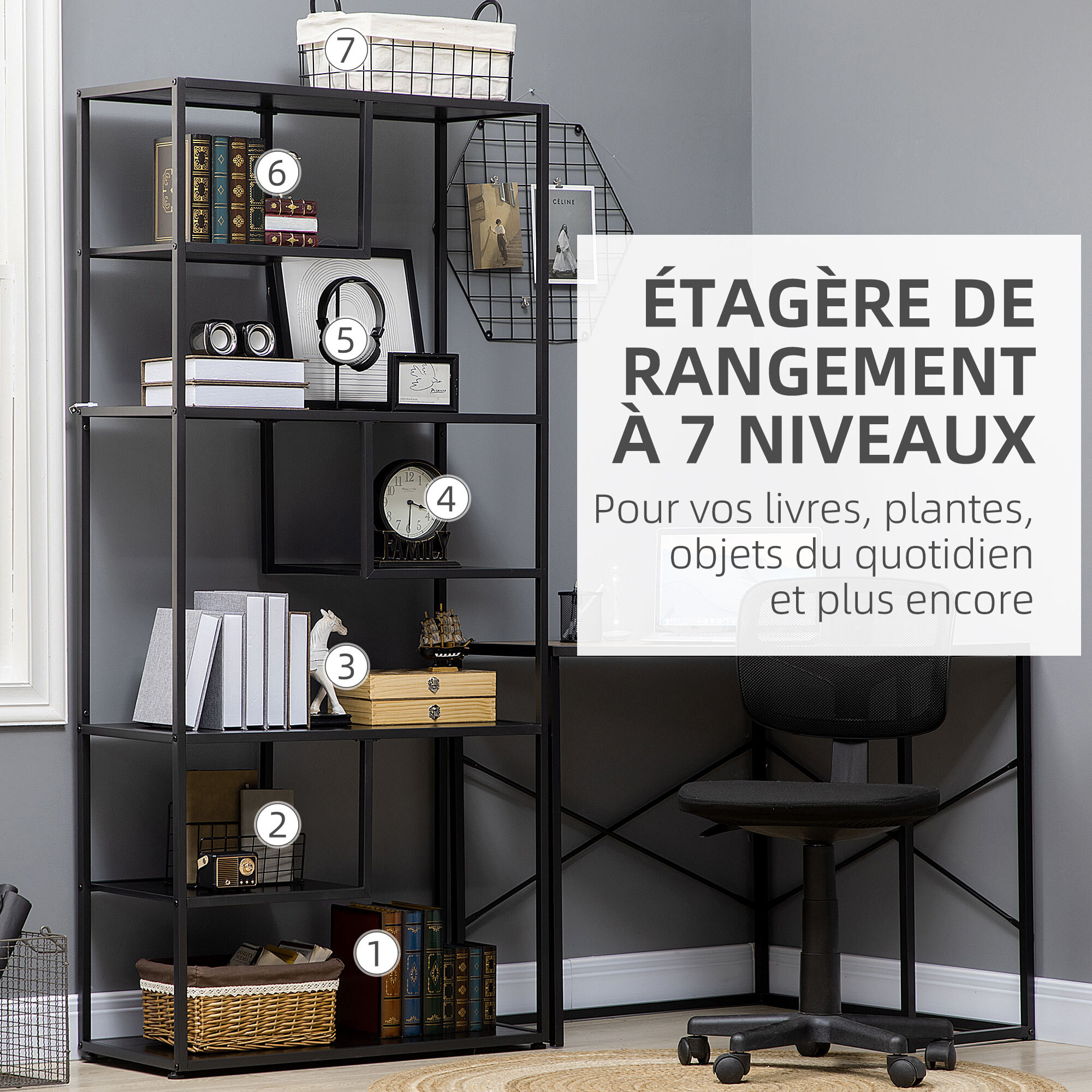 Bibliothèque étagère de rangement à 7 niveaux style industriel acier bois noir