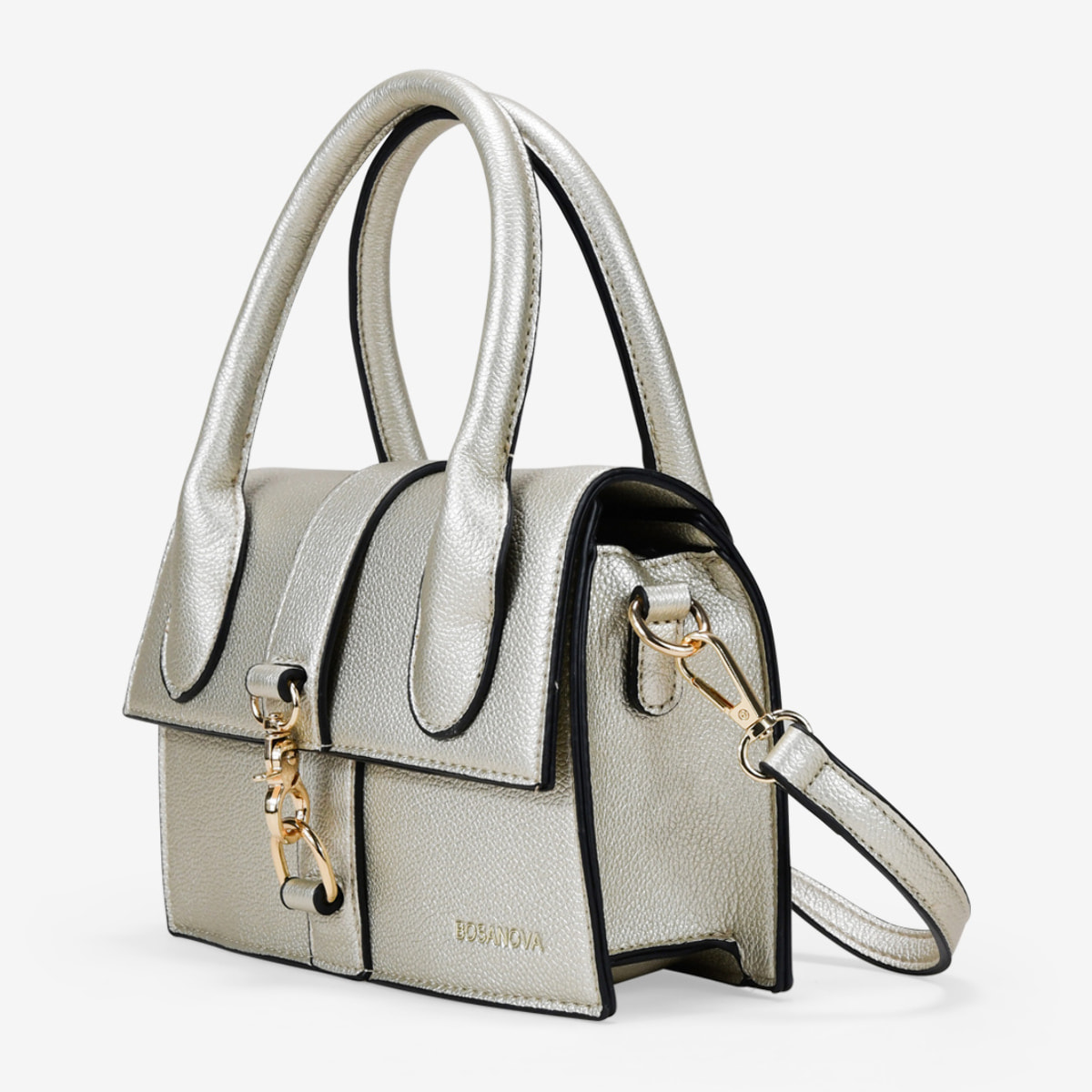 Bolso de mano dorado con solapa y cremallera