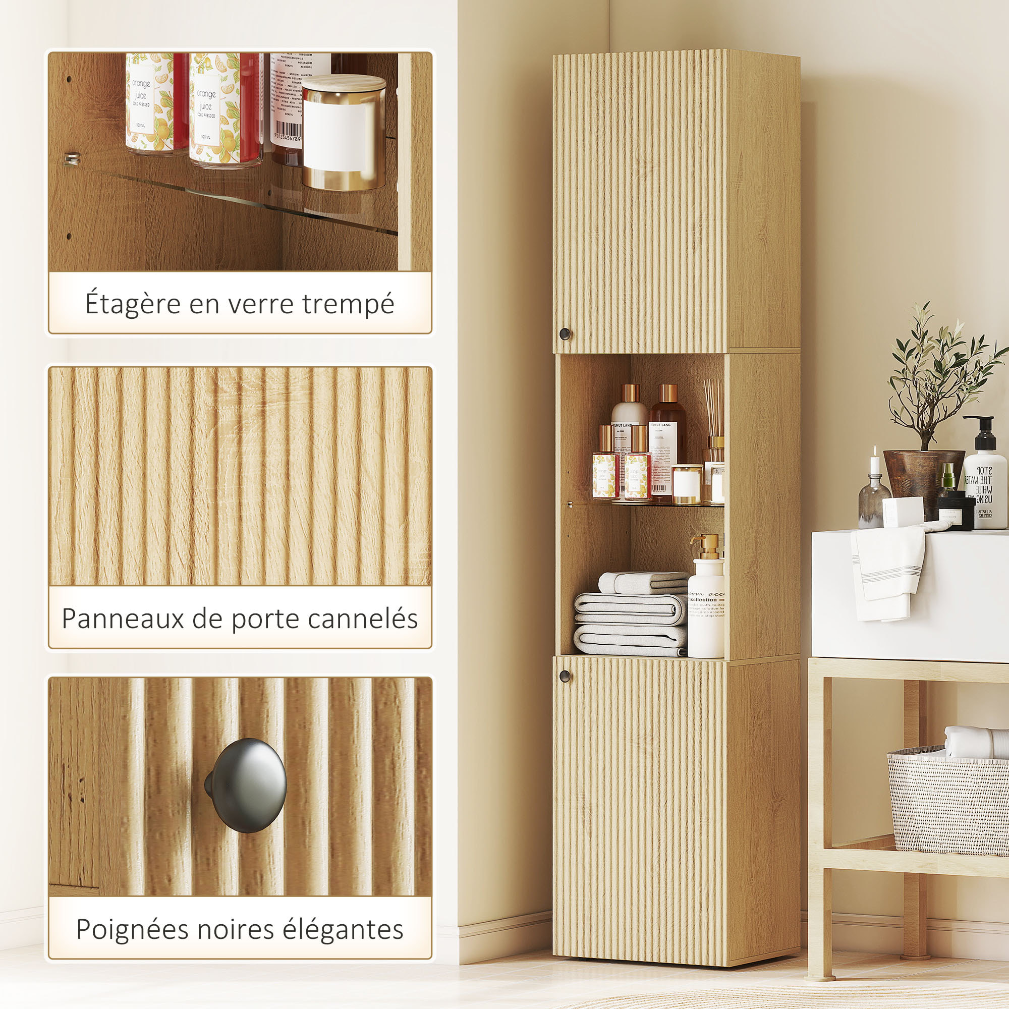 Colonne salle de bain design naturel 2 portes effet cannelé étagère verre
