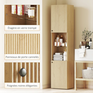 Colonne salle de bain design naturel 2 portes effet cannelé étagère verre