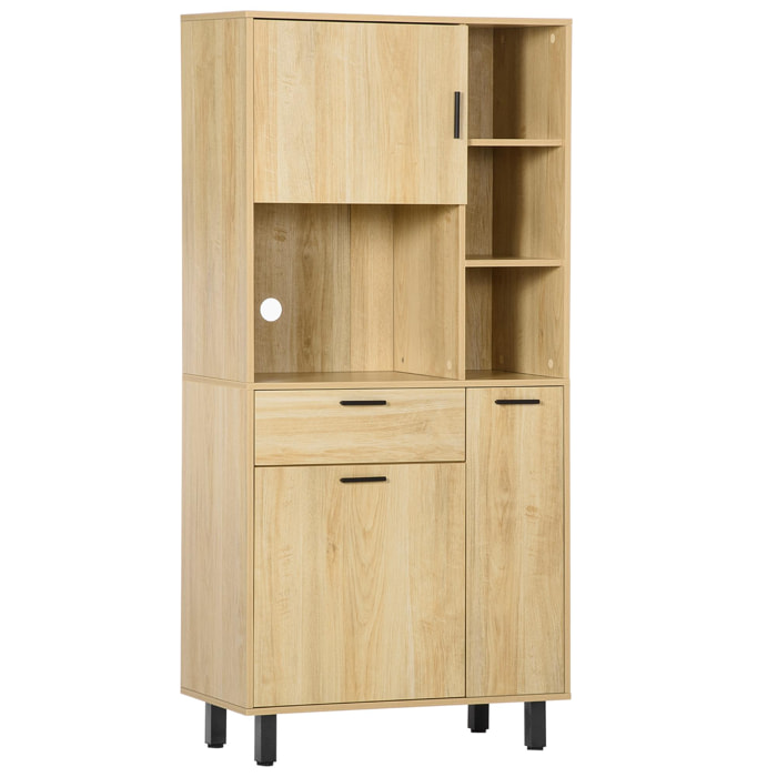 Buffet haut - armoire de cuisine multi-rangement - 3 portes, 4 niches, tiroir - piètement métal noir panneaux particules aspect bois clair