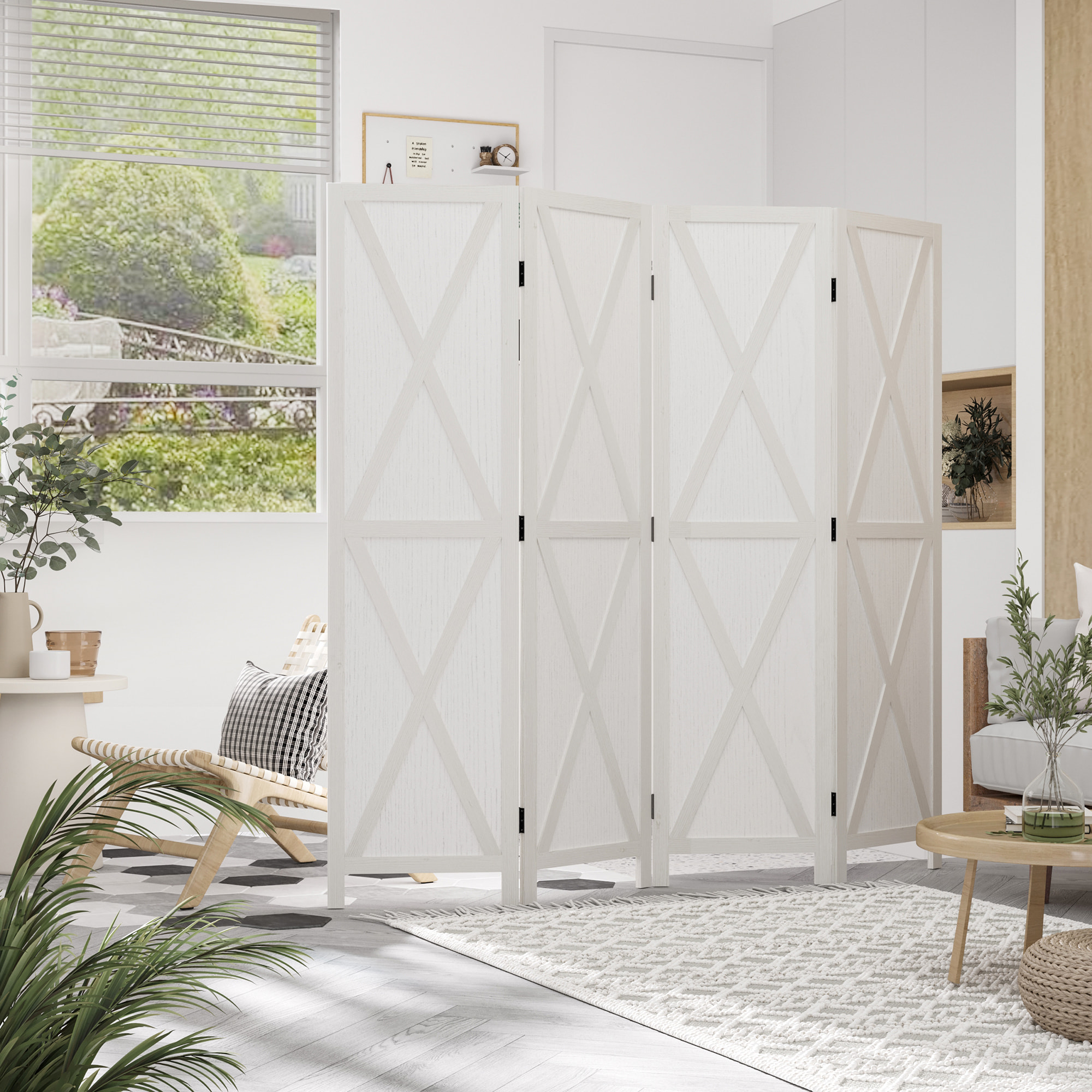 HOMCOM Biombo de 4 Paneles Separador de Ambientes Plegable 182x170 cm Divisor de Habitación de Madera Decoración Elegante para Dormitorio Salón Blanco