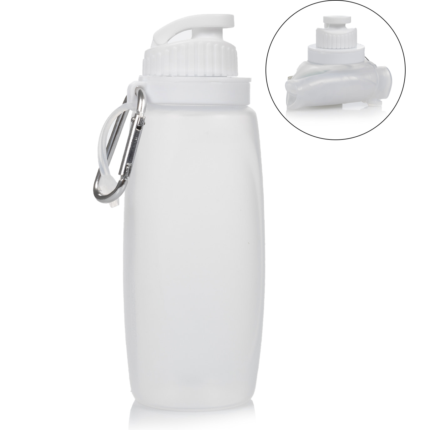 Mini botella plegable enrollable de 320ml, de silicona de grado alimenticio. Con mosquetón.