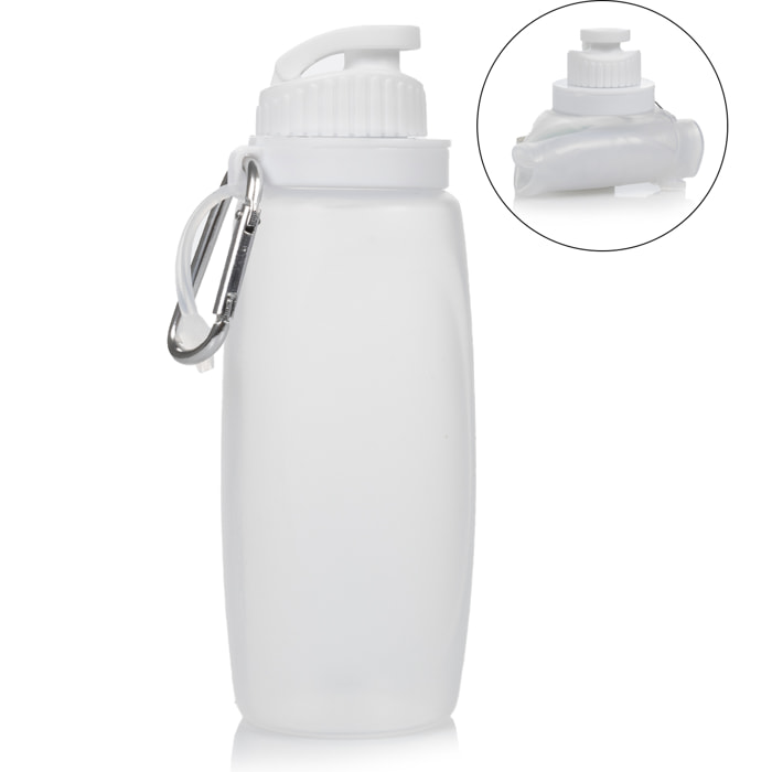 Mini botella plegable enrollable de 320ml, de silicona de grado alimenticio. Con mosquetón.