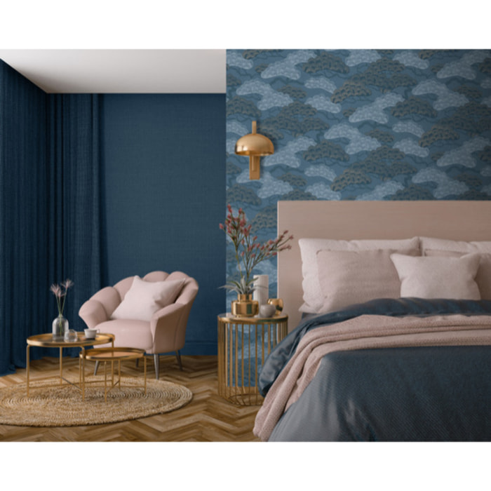 Papier peint pins japonais bleu ardoise doré