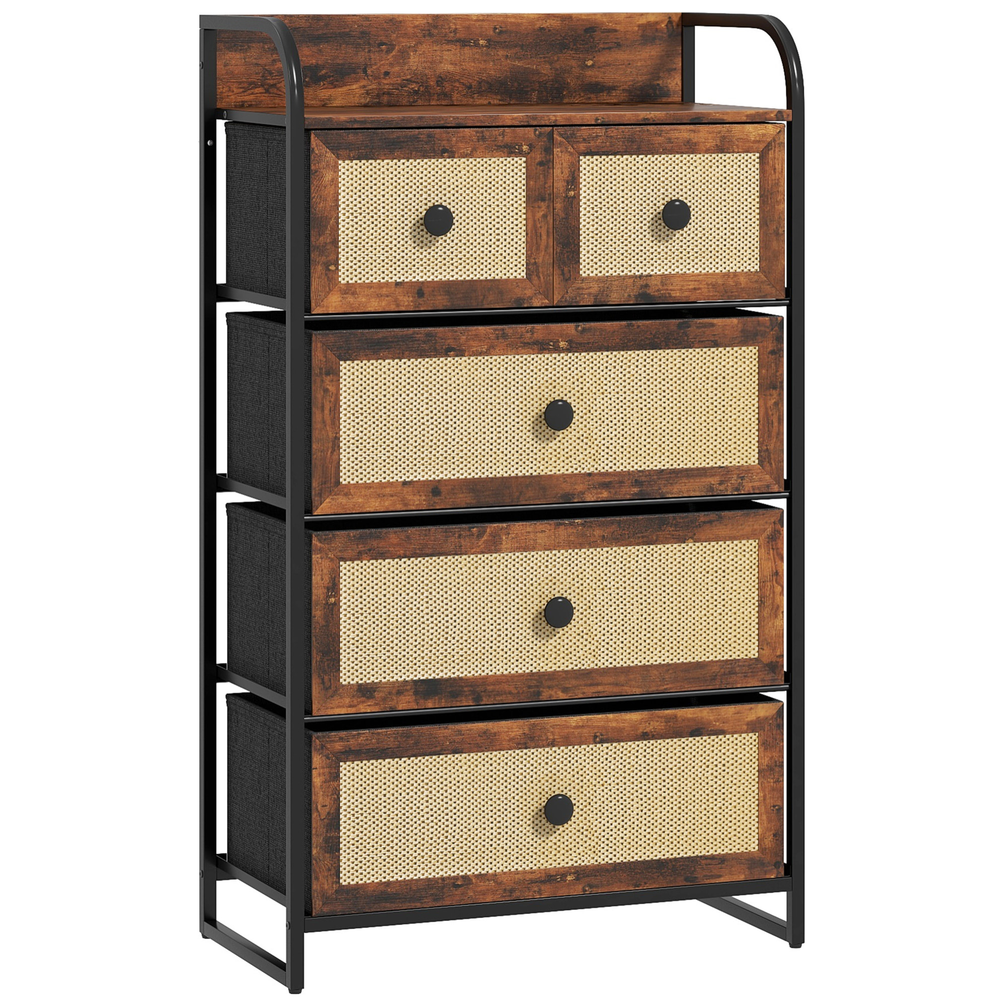 Cómoda para Dormitorio Cajonera de Tela con 5 Cajones Plegables con Frentes de Ratán y Marco de Acero Cajonera para Dormitorio Salón Marrón Rústico