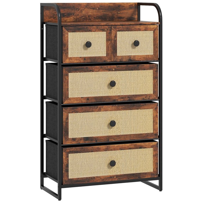 Cómoda para Dormitorio Cajonera de Tela con 5 Cajones Plegables con Frentes de Ratán y Marco de Acero Cajonera para Dormitorio Salón Marrón Rústico