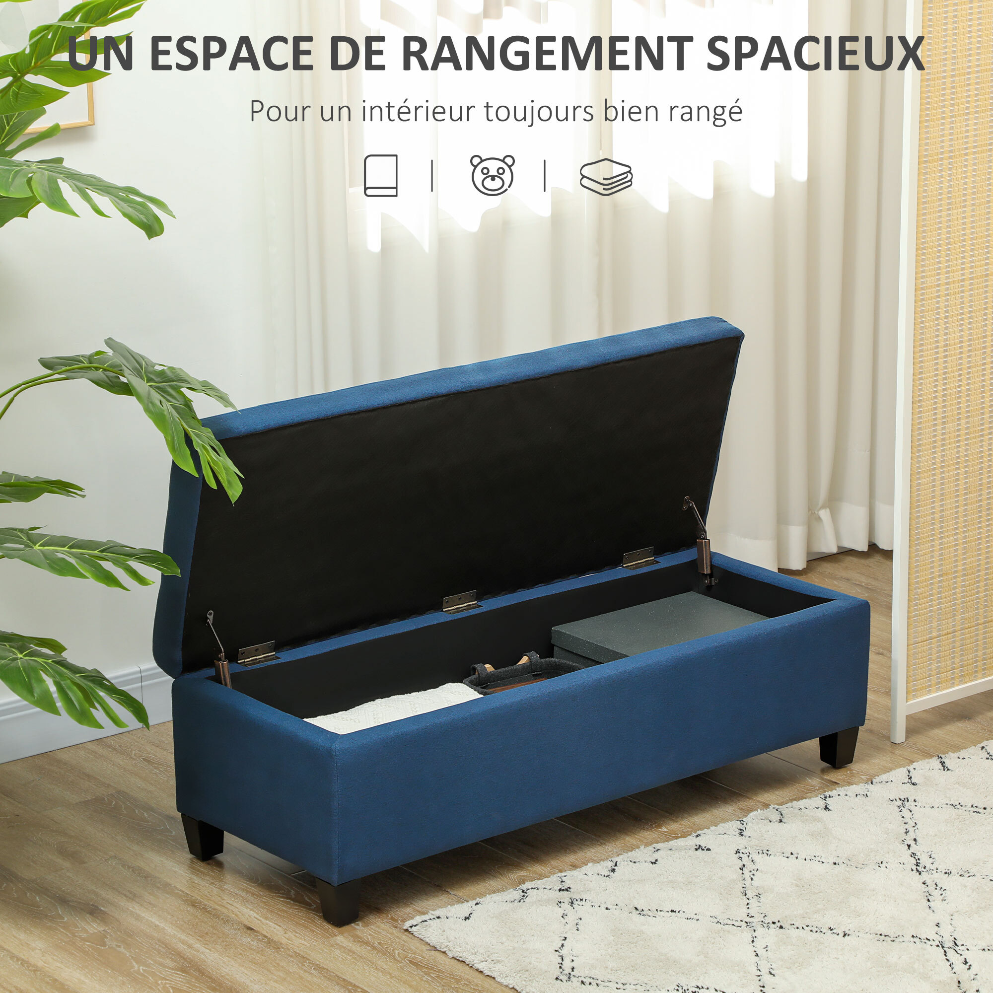 Banquette coffre style Chersterfield siège capitonné tissu pieds bois dim. 125 x 49 x 41 cm bleu
