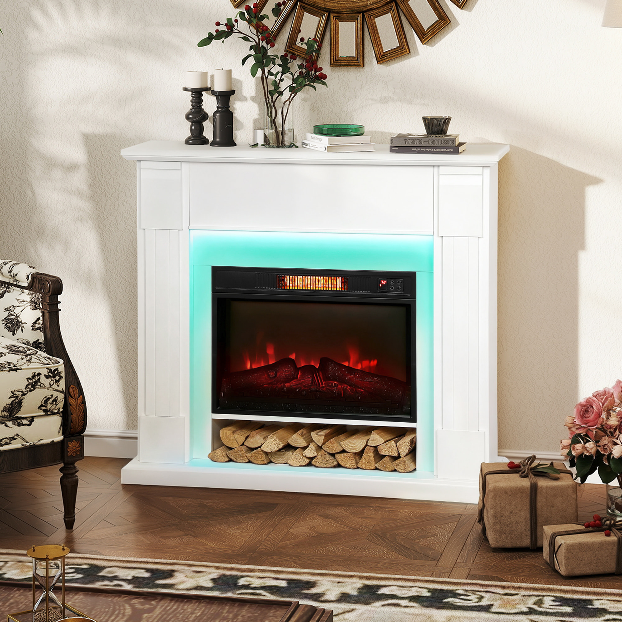 Chimenea Eléctrica Empotrable con Efecto de Llama 3D, Tira de Luz LED RGB, Chimenea Decorativa, 1800W, Temporizador, Termostato Digital, Mando a Distancia, para 30 Ã£Å½Â¡, Blanco