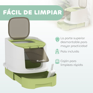 Arenero para Gatos Cubierto Caja de Arena para Gatos Arenero Cerrado con Entrada Frontal Salida Superior Tapa Removible Bandeja Extraíble y Pala 40,5x52,5x42,5 cm Blanco y Verde