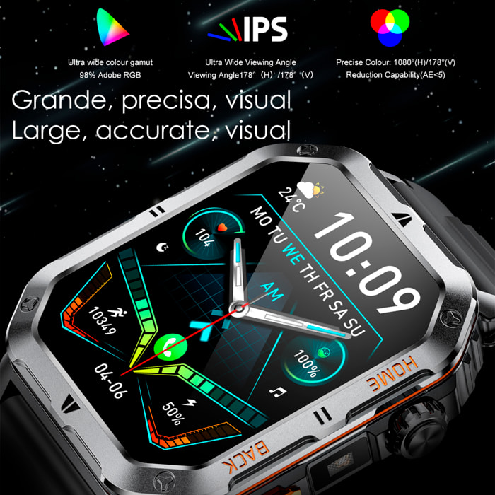 Smartwatch MT62 con corona multifunzione intelligente, assistente vocale, misurazione di O2 e oltre 100 modalità sportive.