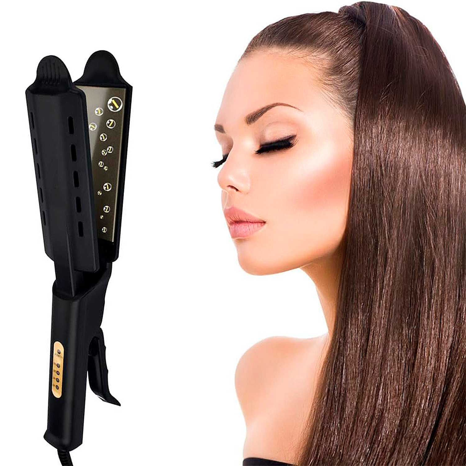 Plancha de pelo con indicador de temperatura y 4 niveles de calor.