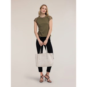 Motivi - T-shirt con maniche in tulle e ricami gioiello - Verde militare