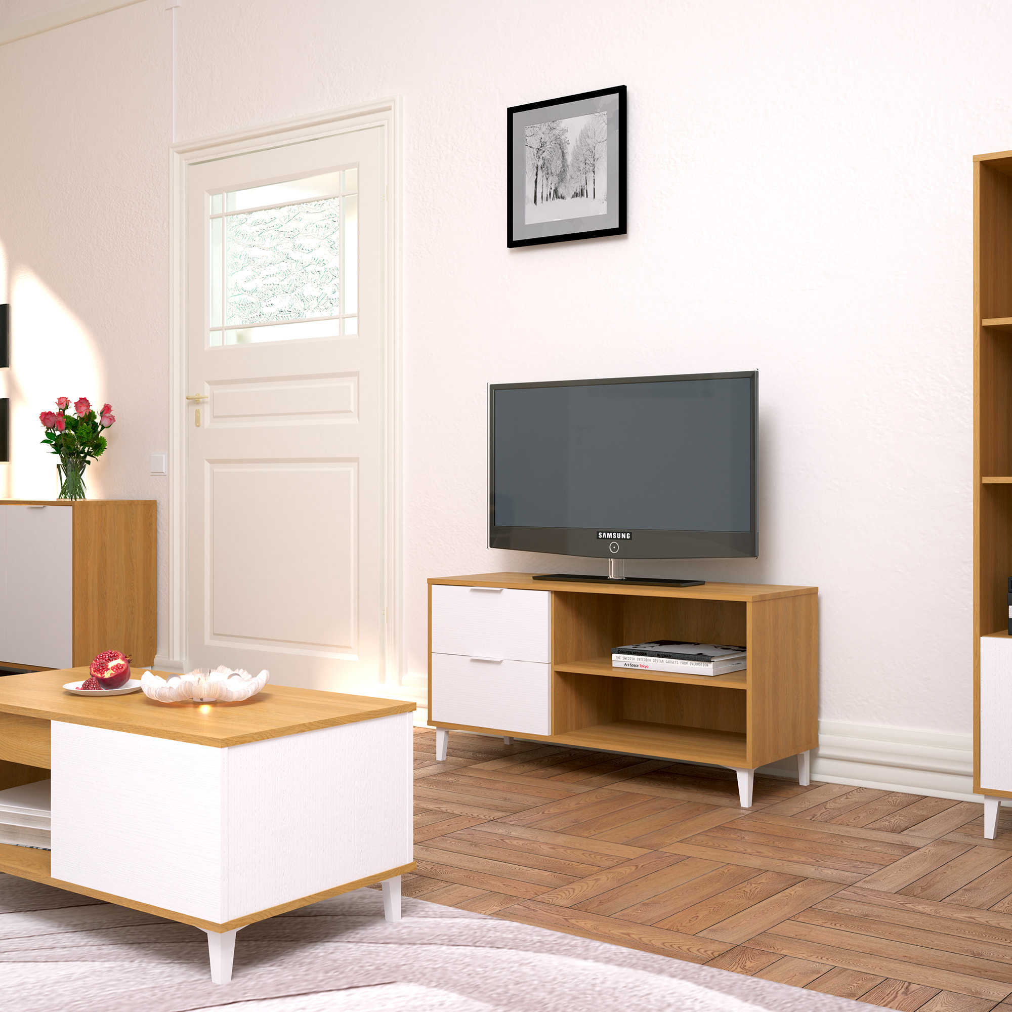 Mueble TV NORDIC - 2 cajones y estante - nogal y blanco - 117x40x58cm