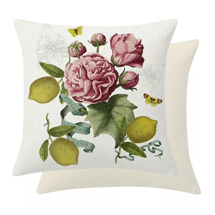 Housse de coussin lin & coton 165 g/m² imprimé rose jaune Citrons de menton romance