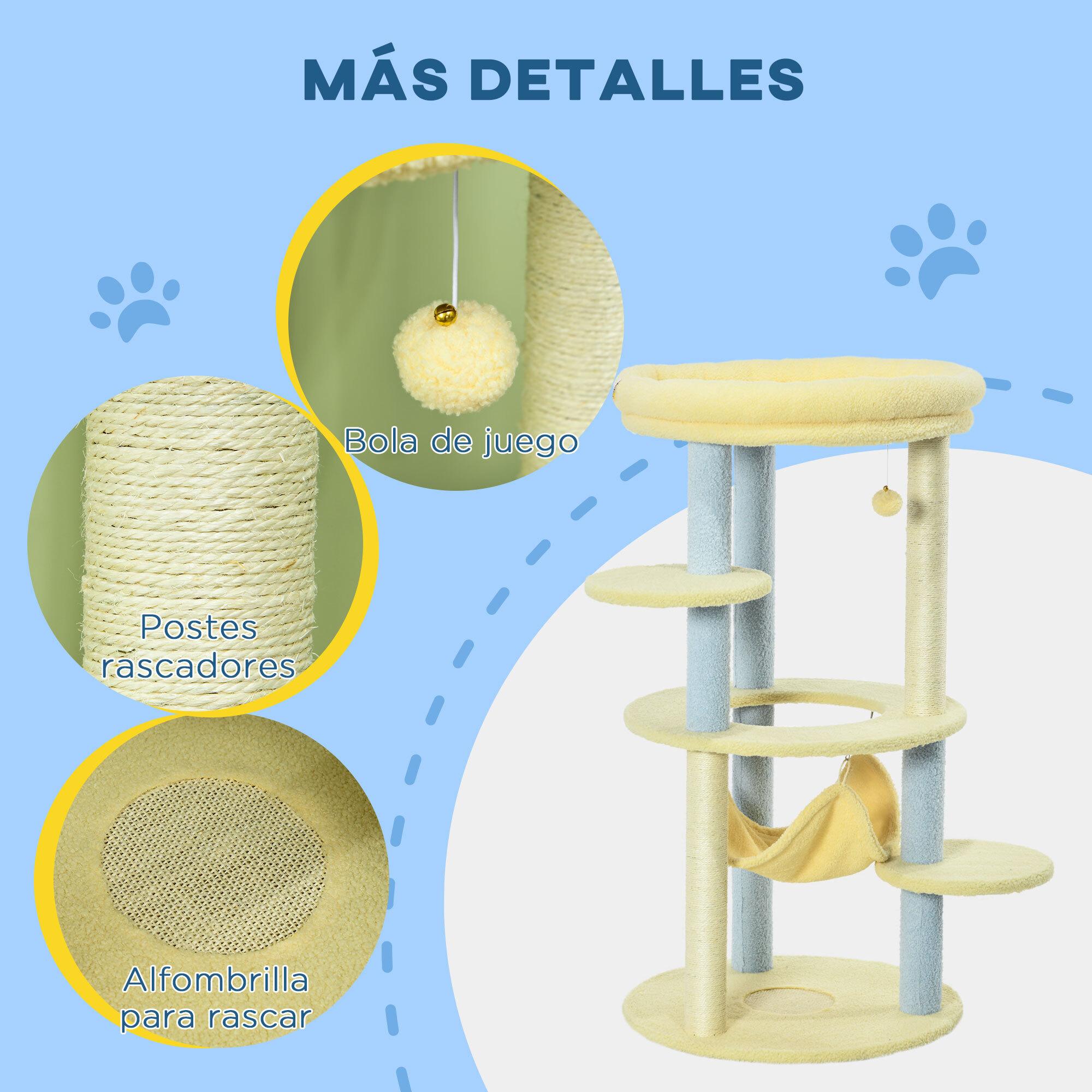 Árbol Rascador para Gatos Mediano 110 cm Torre para Gatos Centro de Actividades para Gatitos con Hamaca Poste de Sisal y Bola Colgante Ø58x110 cm Amarillo y Azul