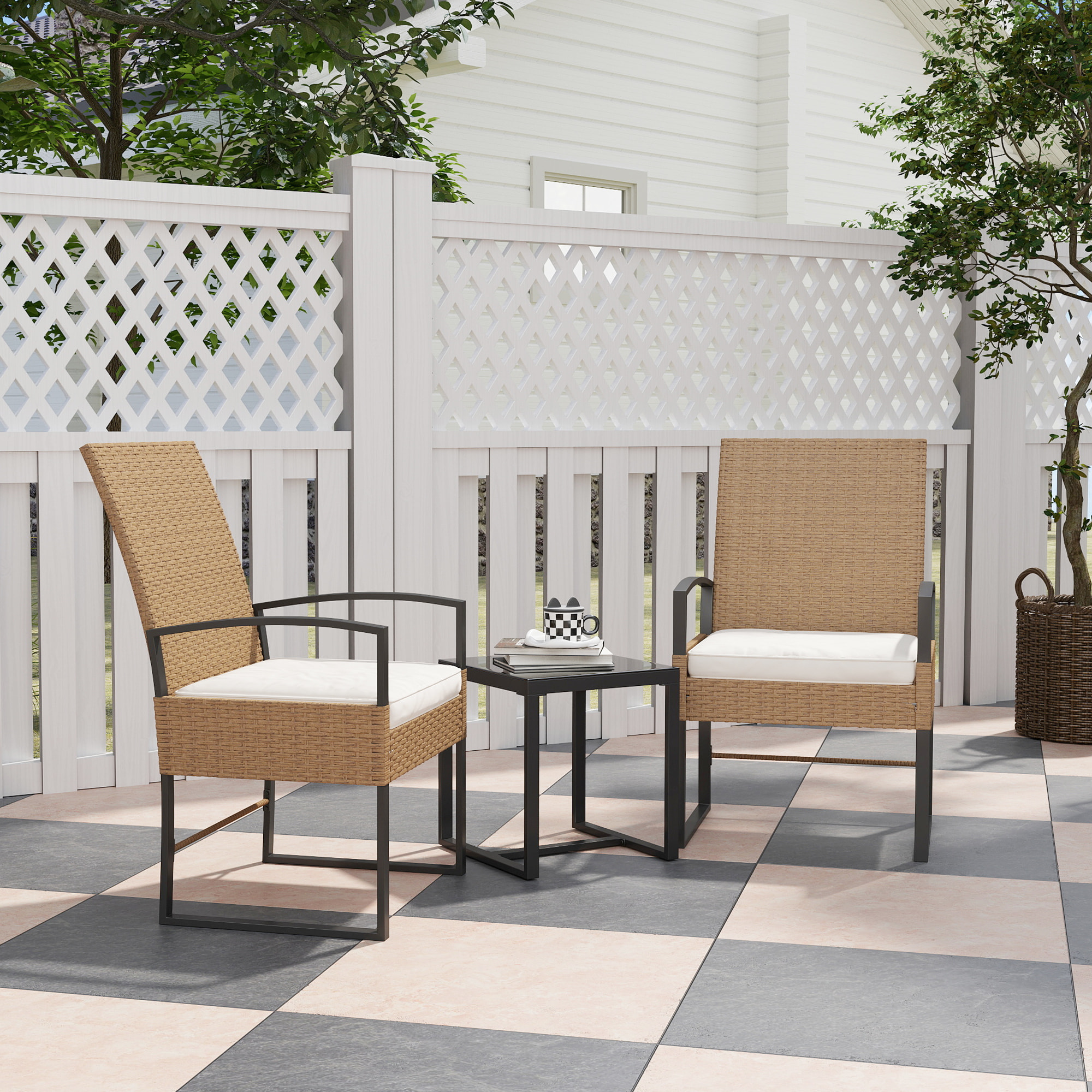 Conjunto de Jardín Exterior de 3 Piezas con Respaldo Ajustable Juego de 2 Sillas y Mesa de Ratán con Cojines Acolchados y Encimera de Vidrio Templado para Balcón Terraza Beige y Blanco