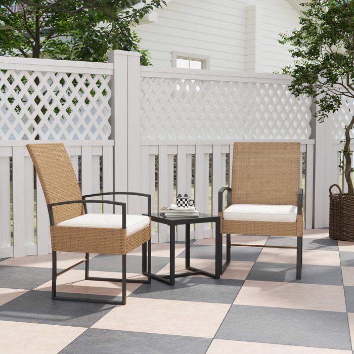 Conjunto de Jardín Exterior de 3 Piezas con Respaldo Ajustable Juego de 2 Sillas y Mesa de Ratán con Cojines Acolchados y Encimera de Vidrio Templado para Balcón Terraza Beige y Blanco
