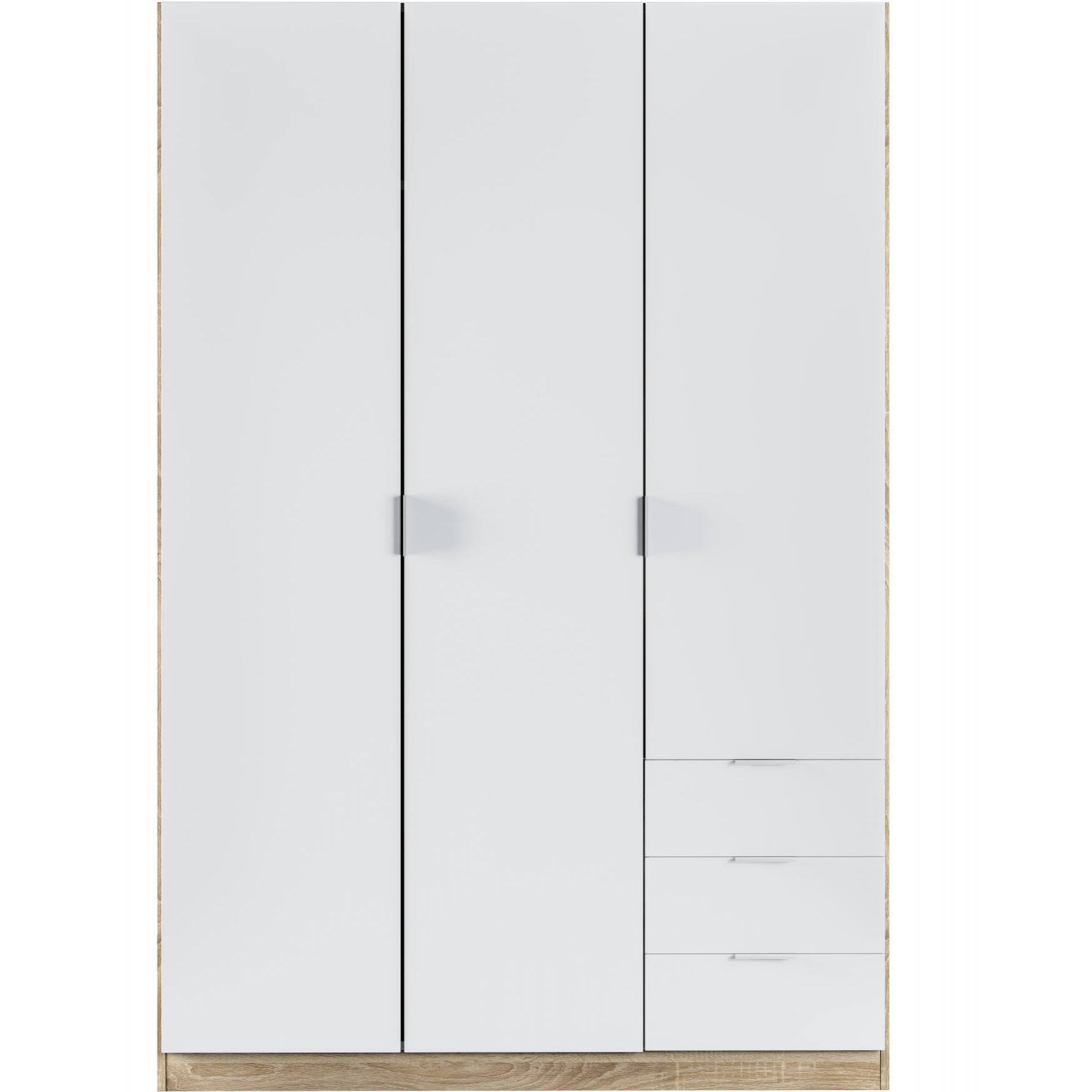 Guardaroba Allentown, Armadio per camera da letto a 3 ante e 3 cassetti, Mobile con barra appendiabiti e 3 ripiani, cm 121x52h180, Bianco e Rovere