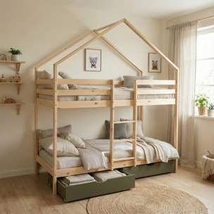 Lit enfant superposé cabane 90 x 190 cm pin naturel avec tiroirs de rangement ROYA